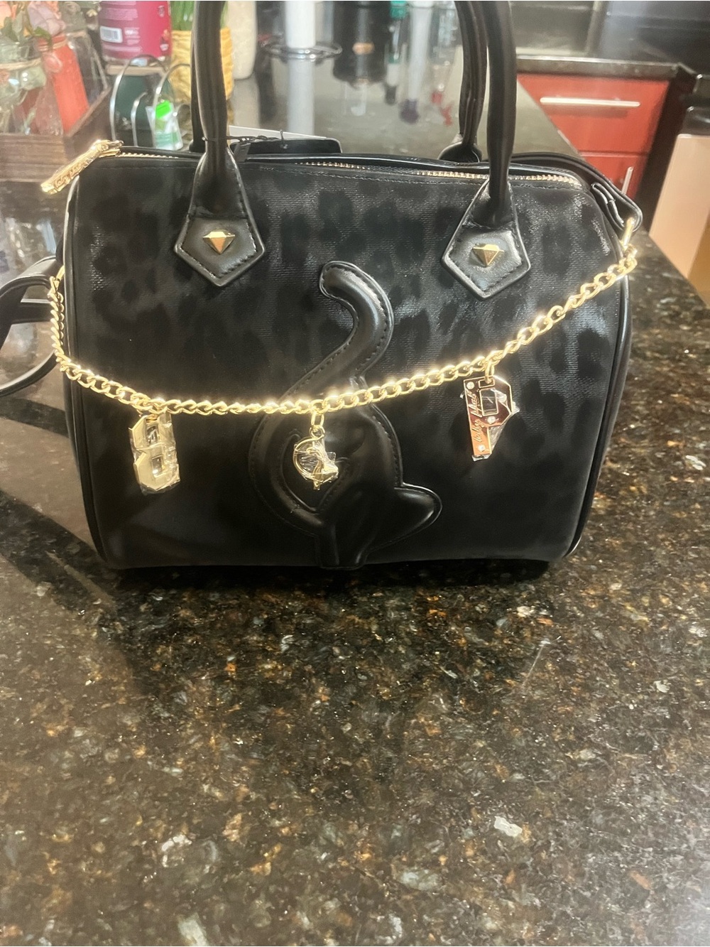 Baby Phat Black Satchel with Gold Charm Chain